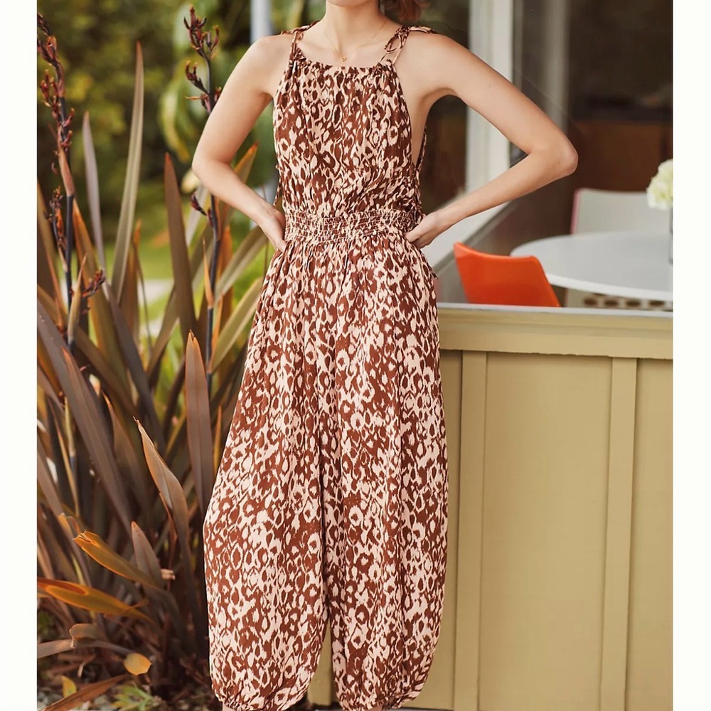 Anthropologie Baggy Smocked Brown Abstract Animal Print Jumpsuit XS Petite